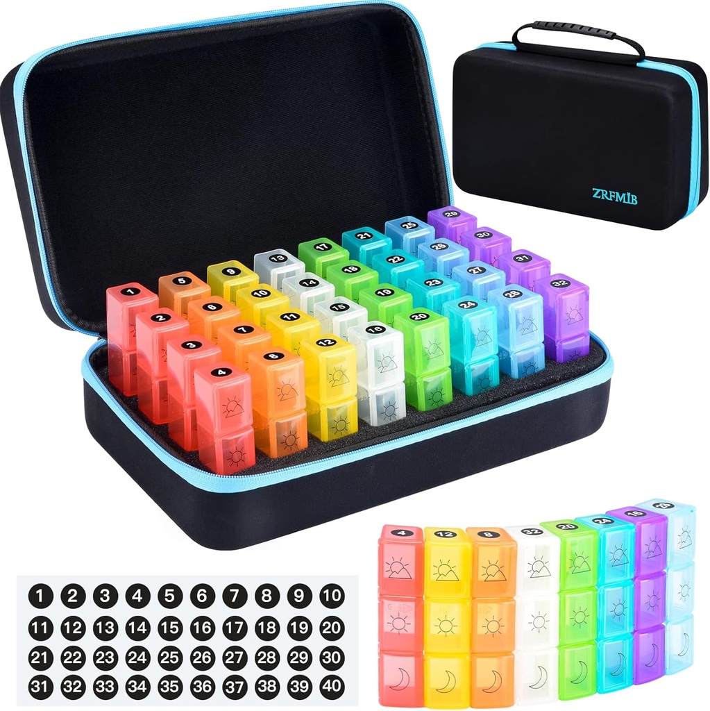 ZRFMIB Mensuel Pill Organizer 3X par jour, 30 jours Voyage Pill Box Organizer avec 32 compartiments quotidiens, Mois Pill Box Organizer pour l'huile de poisson, vitamines, suppléments et médicaments