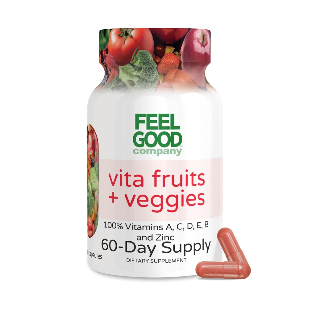 FeelGood Superfoods Vita Fruits and Veggies Capsules - 25 Superfood Ingredienti, Frutta e Verdura Multivitamina, 60 Conte - Per uomini e donne - Vitamine A, C, D, E, B e Zinc