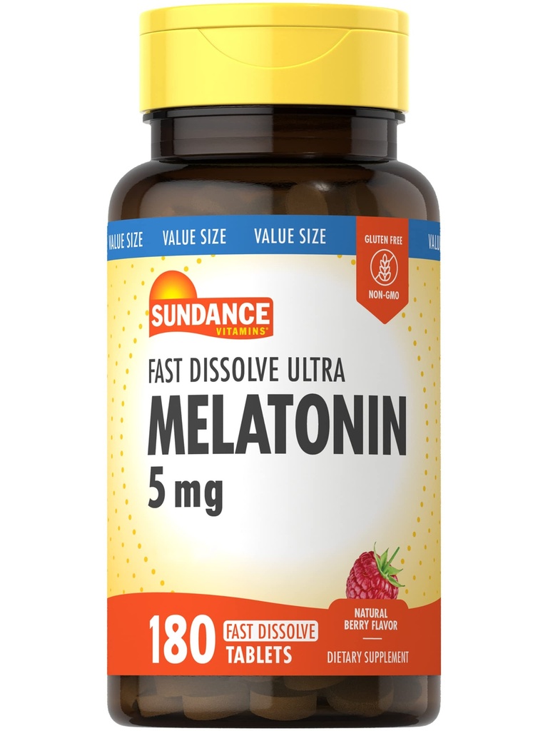 Sundance Melatonin 5mg Tablets | 180 Vegetariano Conte | Fast Dissolve | Natural Berry Flavor | Vegetariano, Non OGM e Gluten
