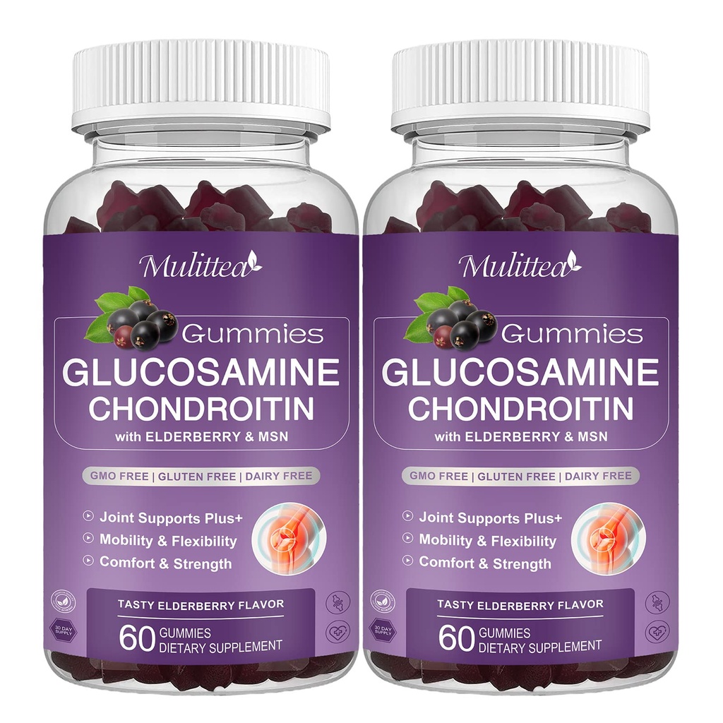 Mulittea Glucosamine Chondroitin Gummies - Supplemento di supporto congiunto ad alta resistenza con MSM & Elderberry per giunto naturale, supporto immunitario antiossidante per adulti, uomini & donne-(2 pacchetto)