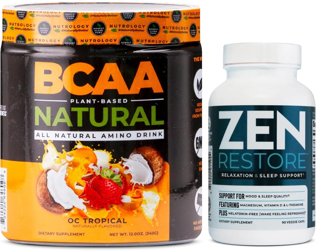 Nutrologie Supplément de magnésium naturel Zen (30 portions) et nutrologie BCAA Poudre de BCAA naturelle à base végétale, saveur de noix de coco orange (30 portions)