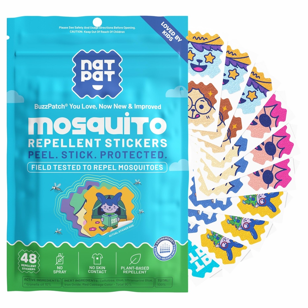 NATPAT Buzz Patch Moskito Patch Aufkleber für Kinder - Plant Based Ingredients, Non-Toxic - Das Original Alle natürlichen Citronella Essential Oil Insect Patch, DEET Free, für Kleinkinder, Kinder (60 Pack)