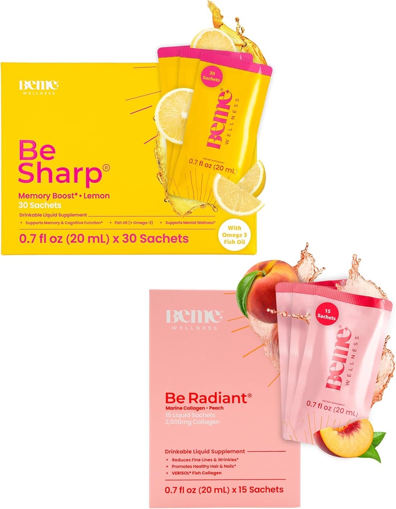 BeMe BeSharp & BeRadiant Peach Bundle - Liquid Omega-3 & Liquid Collagen Drink Supplementi