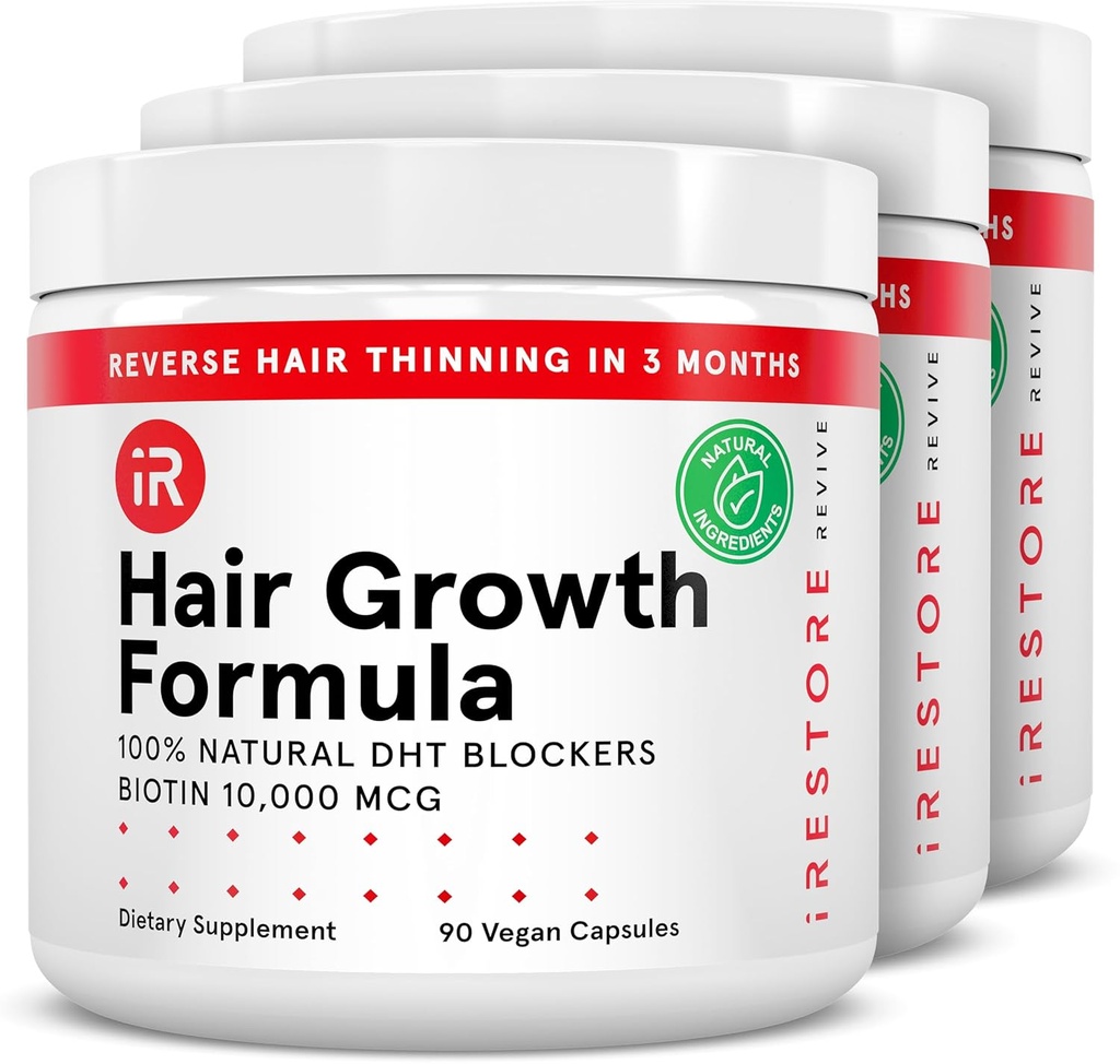 iRestore Hair Growth Supplement – Natural DHT Blockers & Multivitamin Blend – Vegan, Non-GMO, 90 Capsules – Supports Thicker, Stronger Hair for Men and Women – 3-Pack