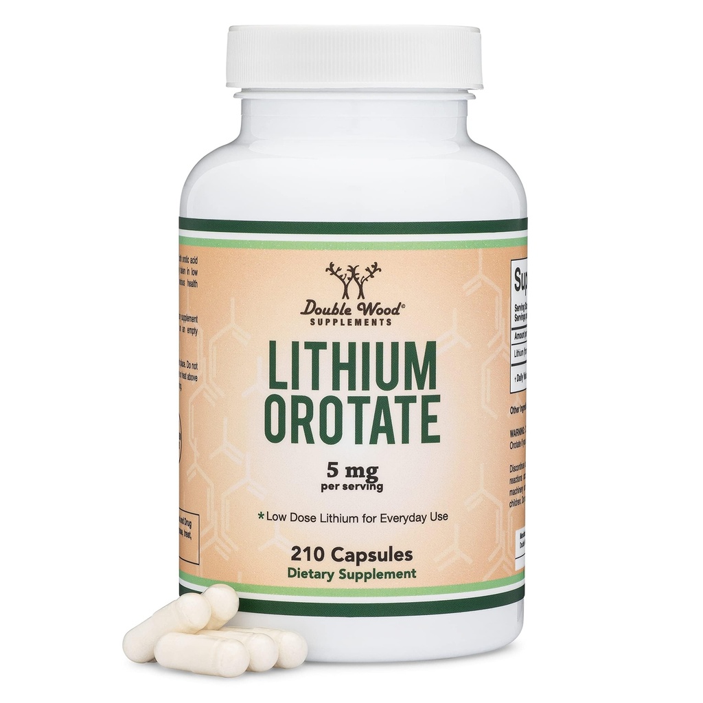 Orotate de lithium 5mg de lithium élémentaire pour la cognition et la santé du cerveau, 210 Capsules (Tiers Testés, Vegan Safe, Non-OGM) par Double Wood Suppléments