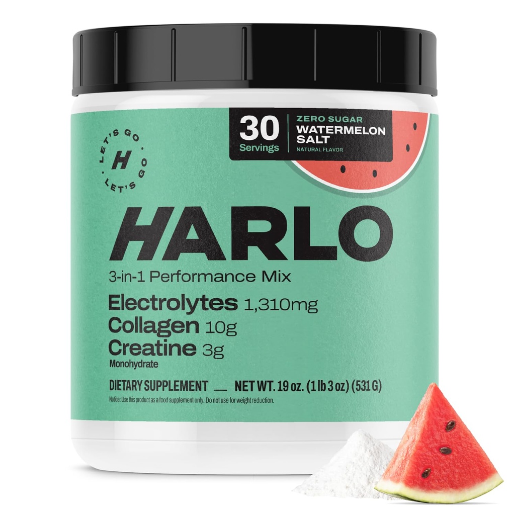Harlo - Wassermelone Salz Elektrolyt-Getränk-Mix w/Bovine Collagen & Creatine - Kreatin Monohydrat-Pulver - Energy Drink Powder - Pre Workout Powder - Zuckerfreie Energie Getränke - Post Workout Recovery