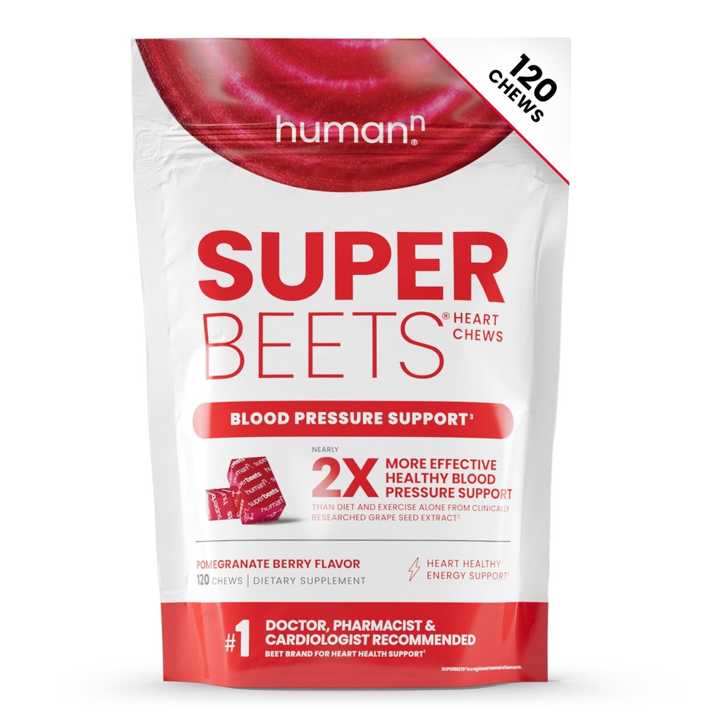HumanN SuperBeets Heart Chews, Oxyde nitrique et soutien de la pression artérielle, Extrait de graines de raisin et énergie de poudre de racine de betterave non-OGM, Flaveur de baies de grenade, 120 Compte