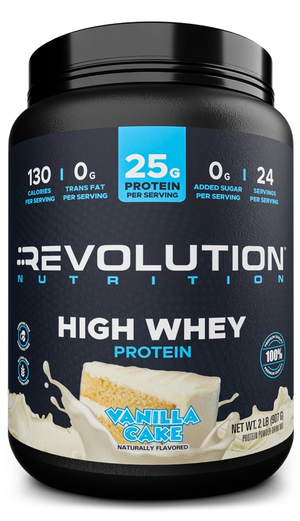 Revolution Nutrition, High Whey, poudre de protéines 2LB, sans gluten, masse musculaire maigre pour les hommes et les femmes, 25g de protéines par scoop, 907 g, 24 portions (Cake de vanille, 2 livres)