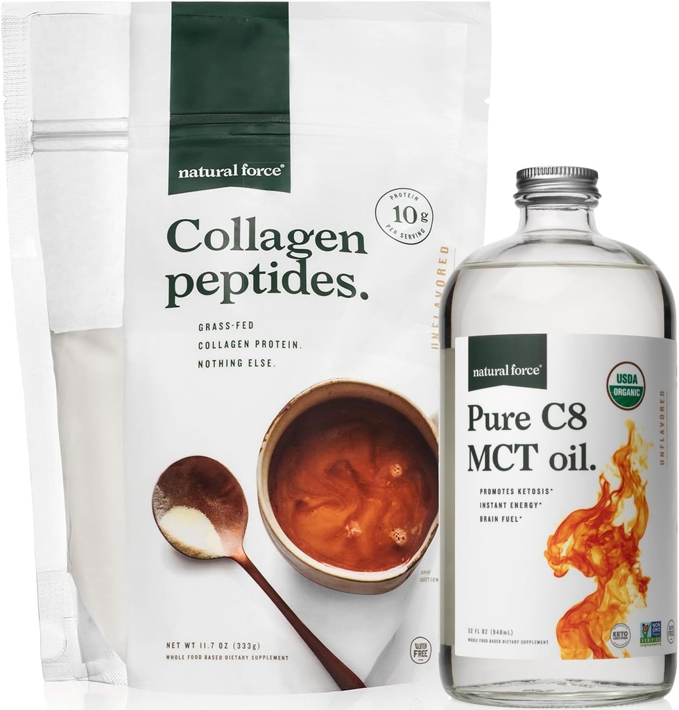 Natürliche Kraft Bio MCT Öl + Gras Fed Collagen Peptides Bundle – Organic, Non GMO, 100% reine Kokosnuss MCTs & hydrolysiert Typ I und III Collagen Protein - 16 Unze Flasche und 11.7 Unze Tasche
