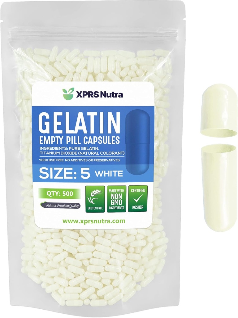 XPRS Nutra Size 5 Empty Capsules - 500 Count Very Small Empty Gelatin Capsules - Pills DIY Capsule Filling - Fillable Pill Gel Caps for Do-It-Yourself Vitamin Supplements (White)