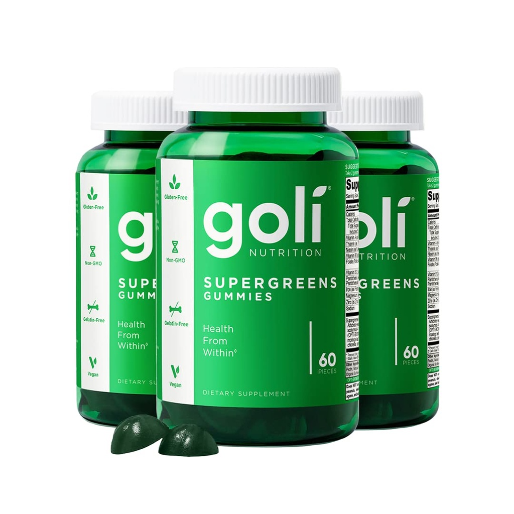 Goli SuperGreen Vitamine Gummy - 180 Compte - Vitamines et minéraux essentiels - à base végétale, végétalien, sans gluten et sans gélatine - Santé de l'intérieur, boîte de 3