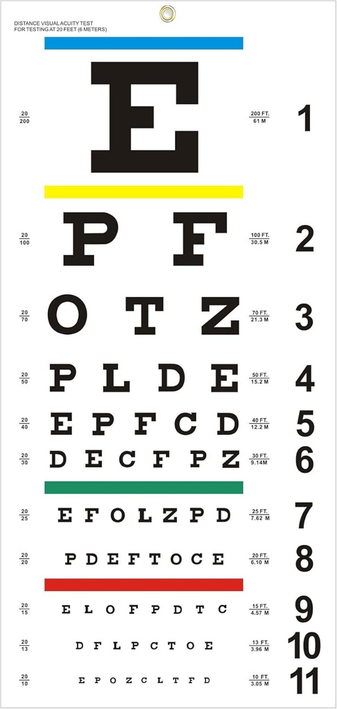 Eye Chart, Upgraded Snellen Eye Chart für Augenausstrahlung 20 Füße, 22x11 Zoll Kunststoff Low Vision Eye Charts Wandbild mit Metall Eyelet für Kinder Geschenke Wanddekoration (20 Füße Test Entfernung)