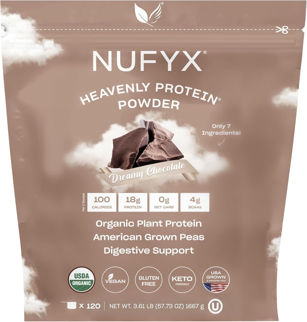 NUFYX® • Poudre Heavenly Protein® • Le monde est le plus fin des pois d'Amérique 100% biologique • végétalien • sans gluten • faible teneur en glucides (chocolat...