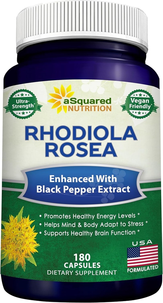 aSquared Nutrition Rhodiola Rosea Max Strength with Black Pepper Supplement - 180 Kapseln - Max Absorption Pulver Pillen - Golden Root Herb für Stress Relief, Stimmung, Pure Focus & Energy - 500mg pro Cap