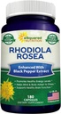 aSquared Nutrition Rhodiola Rosea Max Strength with Black Pepper Supplement - 180 capsule - Max Absorption Powder Pills - Golden Root Herb for Stress Relief, Mood, Pure Focus & Energy - 500mg Per Cap