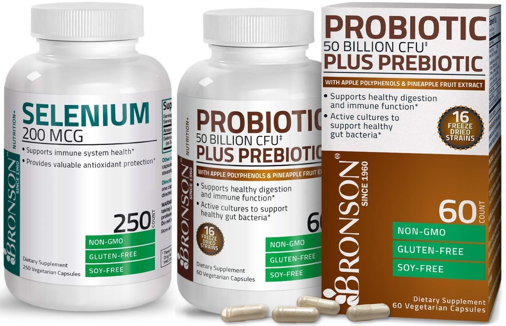 Bronson Probiotique 50 milliards CFU + Prébiotique avec des polyphénols de pomme et extrait de fruits d'ananas + Sélénium 200 Mg pour système immunitaire, thyroïde, prostate et santé cardiaque