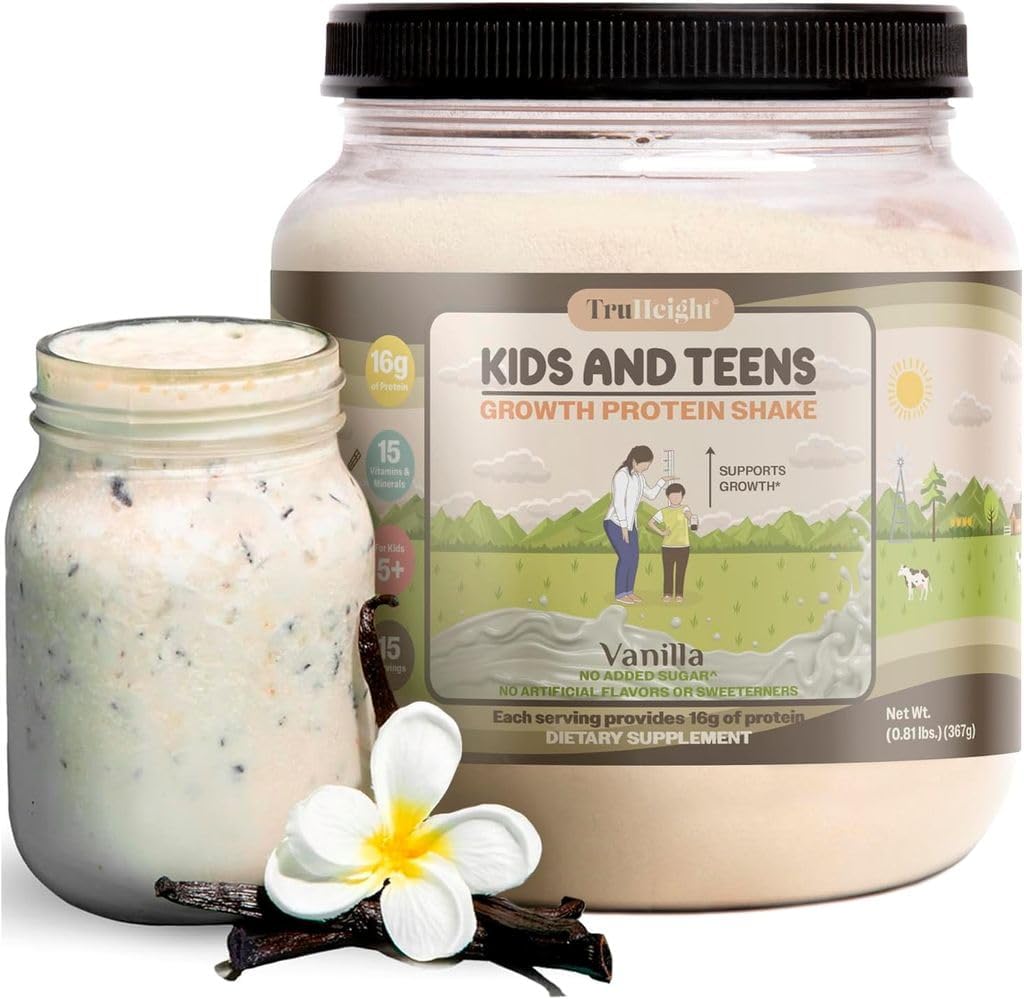 TruHeight Growth Protein Shake (Vanilla Ice Cream Flavor, Whey) Croissance et développement Poudre de protéines pour les enfants et les adolescents - Boissons de gain de poids - approuvées par les pédiatres, Picky Eater Vitamine, 4 ans et plus