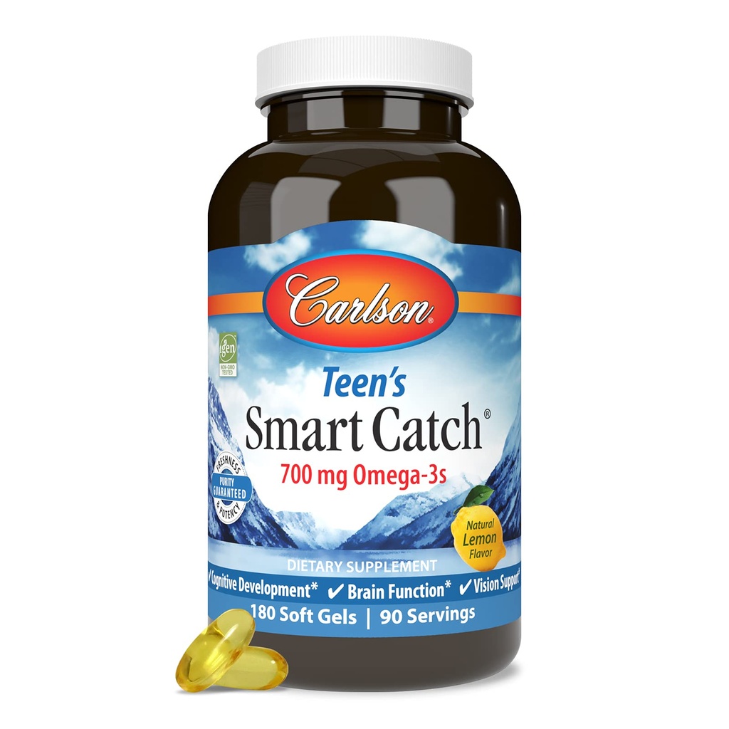 Carlson - Teen's Smart Catch, 700 mg Omega-3s, Kognitive Entwicklung, Hirnfunktion & Vision Support, Lemon, 180 Softgels