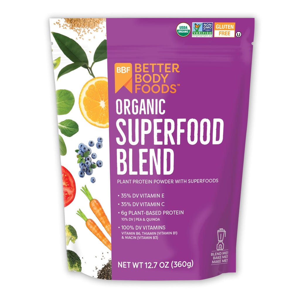 BetterBody Foods Bio Superfood Pulver mit Protein, Vitaminen C, E und B12 (12,7 oz.)