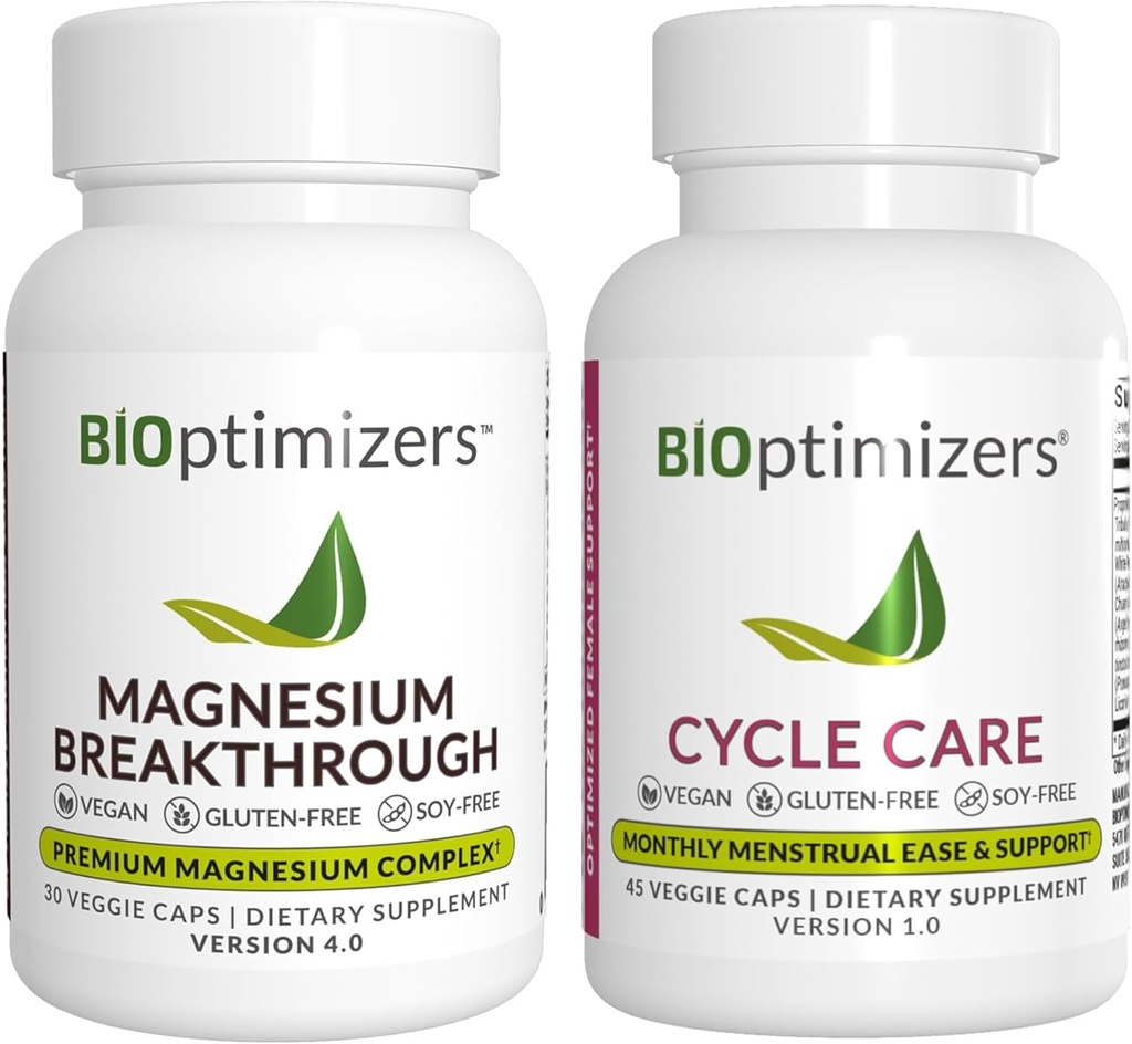 BiOptimizers Magnesium Breakthrough 4.0, (30 capsule) & Cycle Care, (45 capsule) - Sonno naturale, cervello e supporto mestruale
