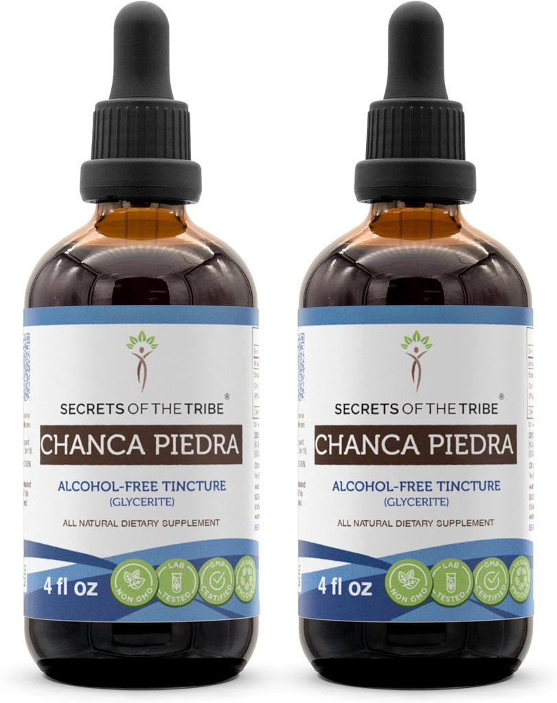 Secrets de la tribu Chanca Piedra Extrait de teinture sans alcool, Chanca Piedra (Phyllanthus niruri) Supplément de teinture aux herbes séchées (2x4 FL OZ)