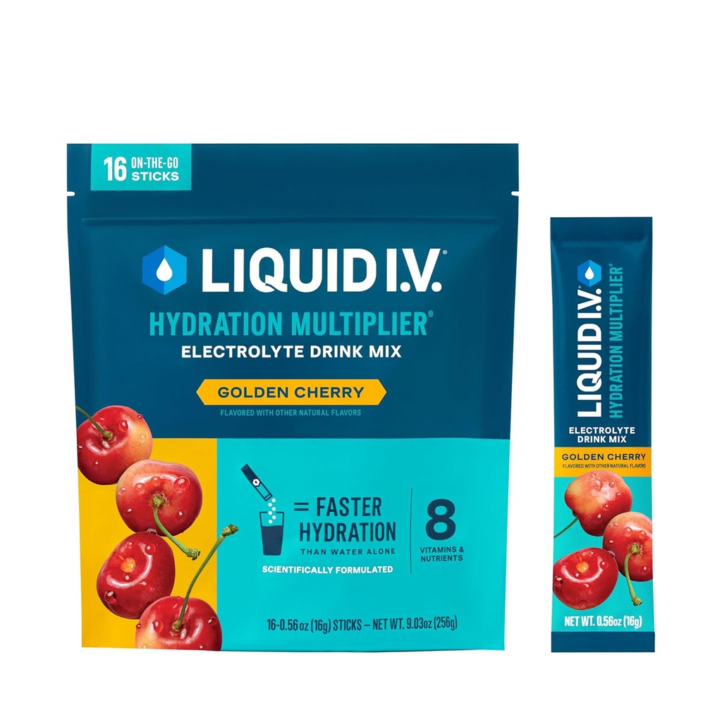 Liquido I.V.® Hydration Multiplier® - Ciliegia dorata - Pacchetti di polvere di idratazione | Miscelatore di bevanda della polvere di elettrolita | Bastoncini mono-serratura conveniente | Non OGM | 16 Serve (Pacchetto di 12)