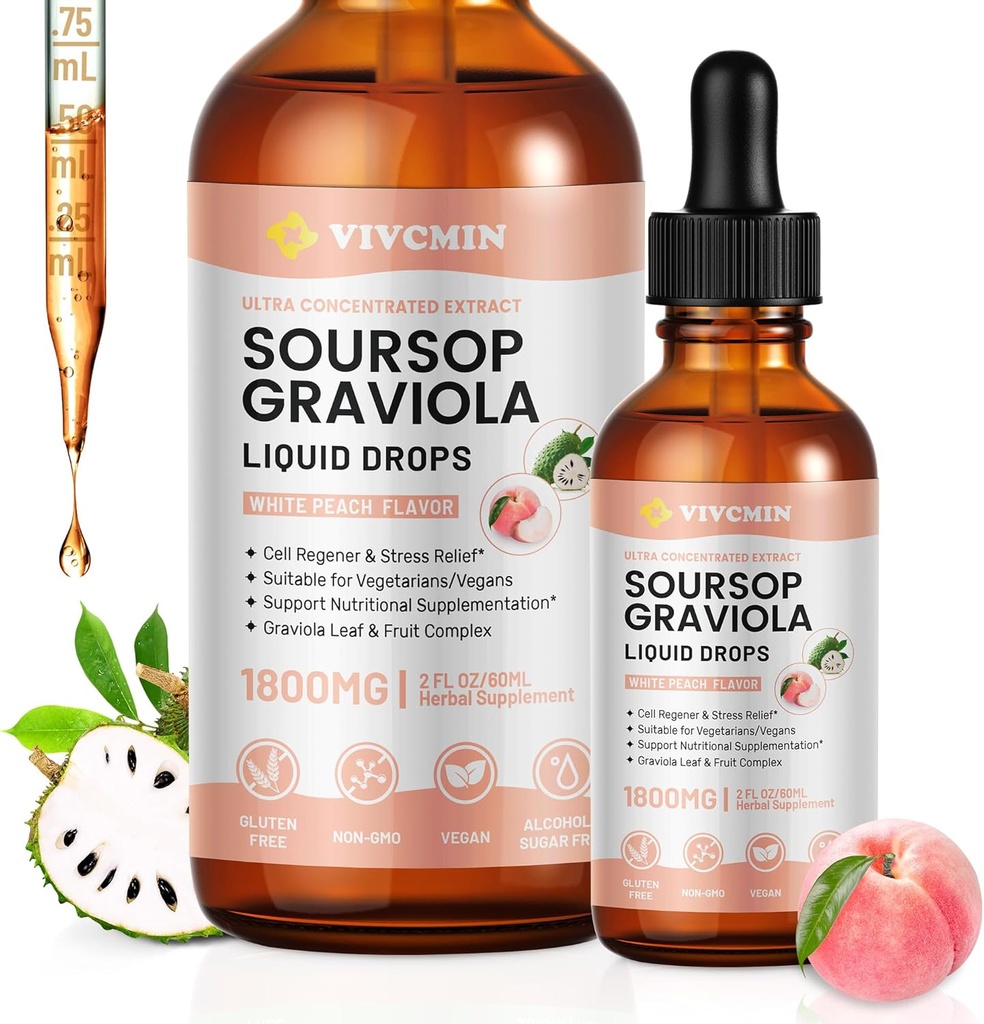 Graviola Soursop Blatt Extrakt Flüssigkeit - Soursop Bitters Flüssigkeit, Immununterstützung, Relax, Leber und Schlaf, Zucker & Alkoholfreie, hochabsorbierbare Formel, weiße Pfirsichflamme, 2 Fl Oz