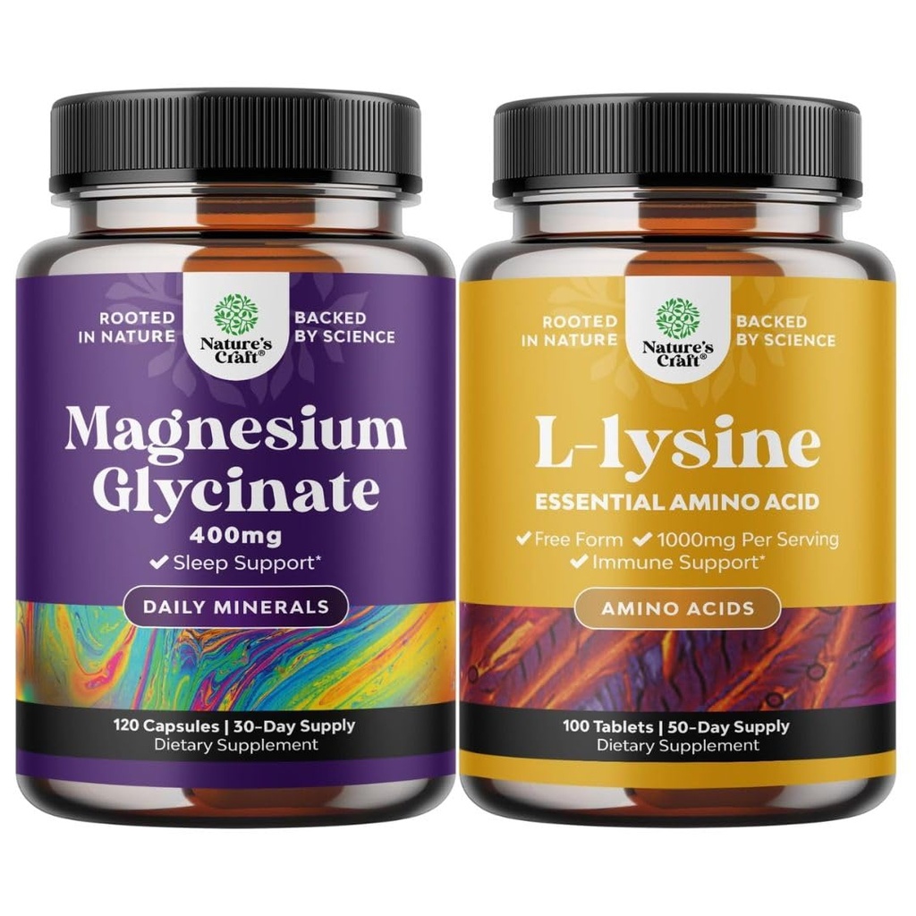 Ensemble de capsules de glycinate de magnésium pour les femmes et les hommes pour l'humeur et la relaxation et les acides aminés essentiels L-lysine pour la santé des yeux soins des lèvres os soutenir le système immunitaire soutenir la croissance musculaire