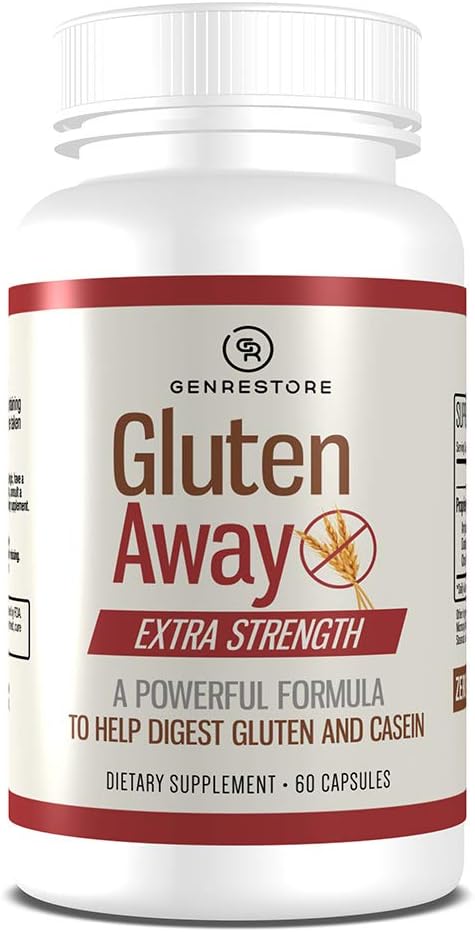 Gluten Away Dietary Supplement – Extra Strength Enzyme digestif Santé Gluten et caséine, libération plus lente de protéines acides aminés dans le sang pour les hommes et les femmes – 60 capsules.