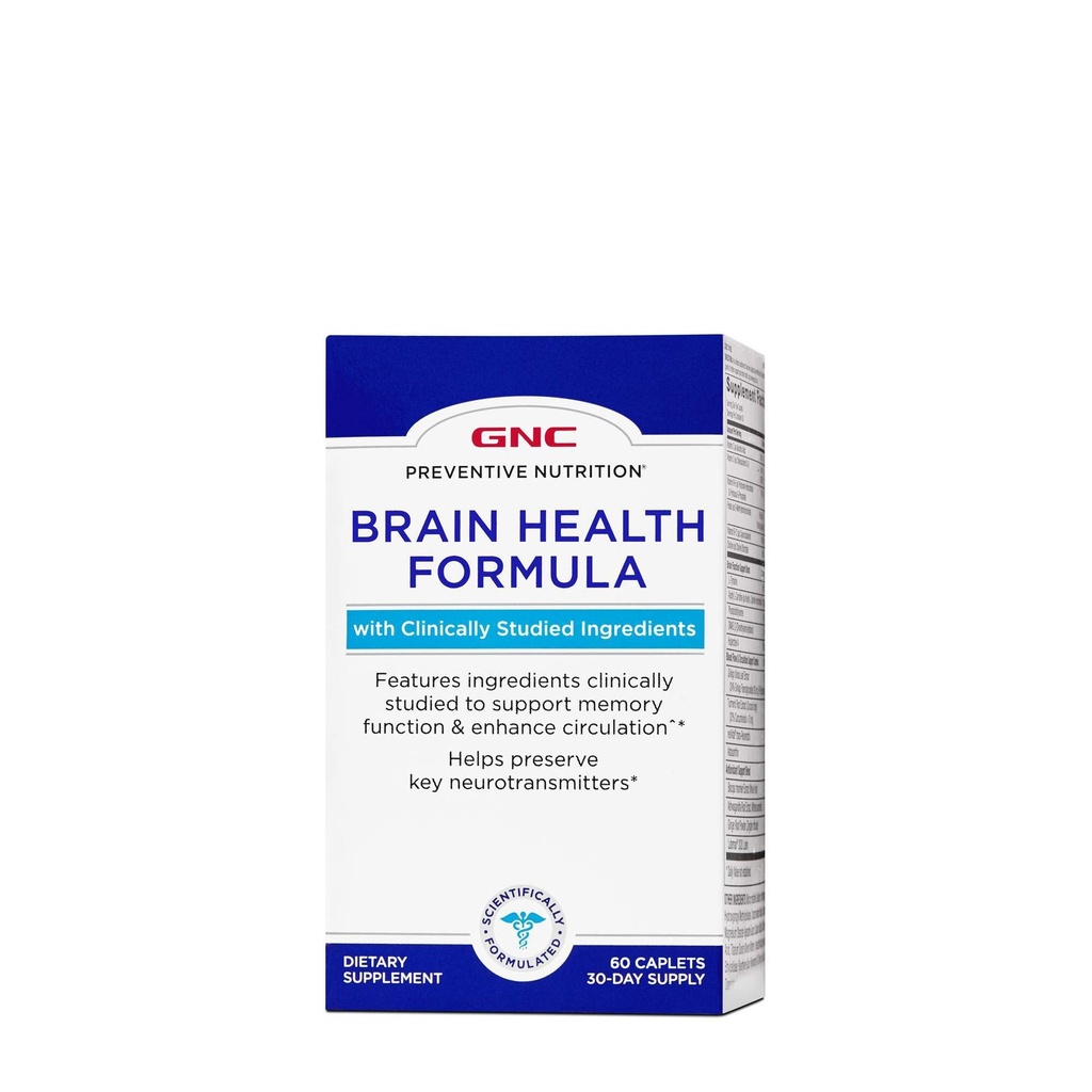 GNC Preventive Nutrition Brain Health Formula, 60 Caplets, Supporta la funzione di memoria e migliora la Circolazione