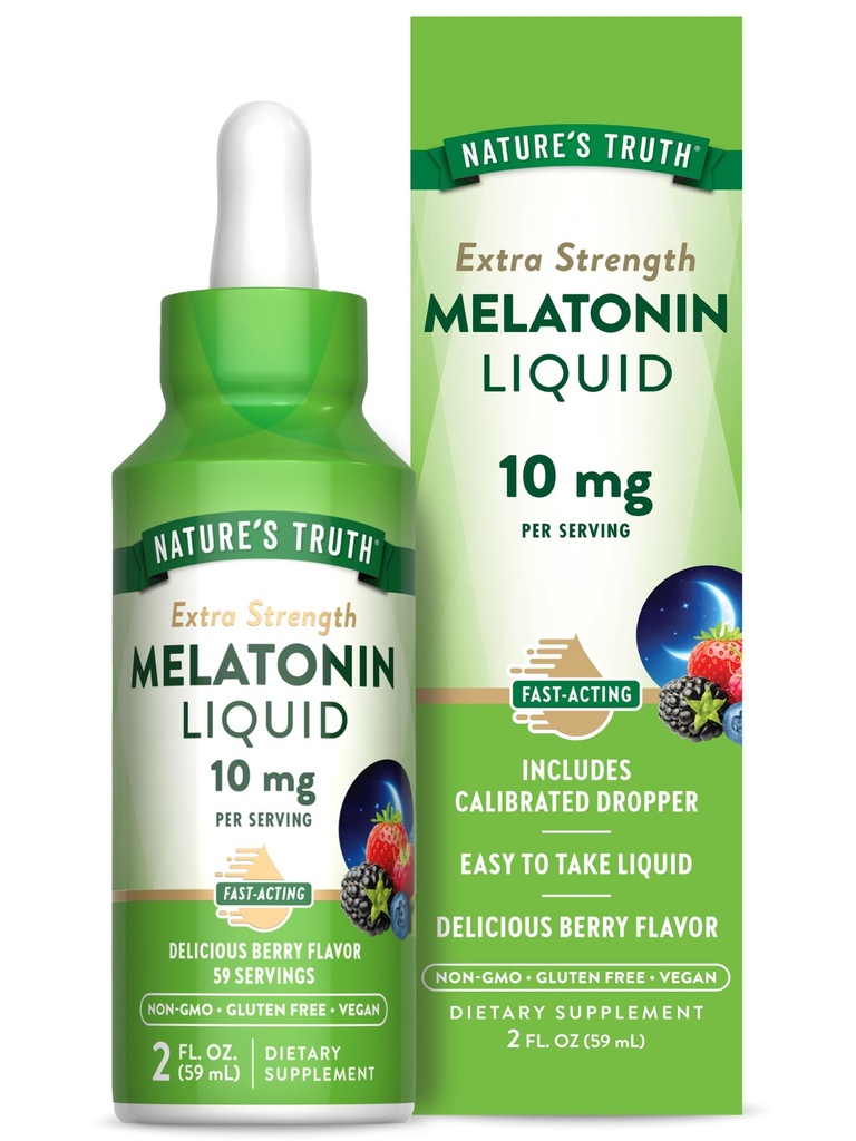 Verità della natura Melatonina Liquido | 10 mg | 2 Fl oz Massima resistenza per gli adulti | Sapore di bacche | Vegan, Non OGM & Gluten Supplemento gratuito