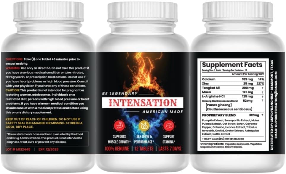 INTENSATION - Supplément Homme - Support de l'endurance naturelle - Last Longer - Augmenter la taille, la force et l'endurance - Améliorer le niveau d'énergie - Optimiser la vitalité - 12 comprimés