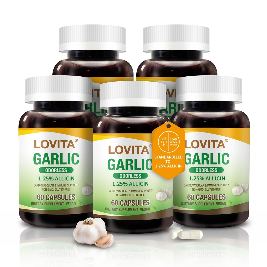 Lovita Odorless Capsules d'ail, 5000mg équivalent d'ail frais, extrait d'allicine 1,25%, soutient le cœur, la pression artérielle, le cholestérol et le système immunitaire, non-OGM, sans gluten, 300 capsules végétaliennes
