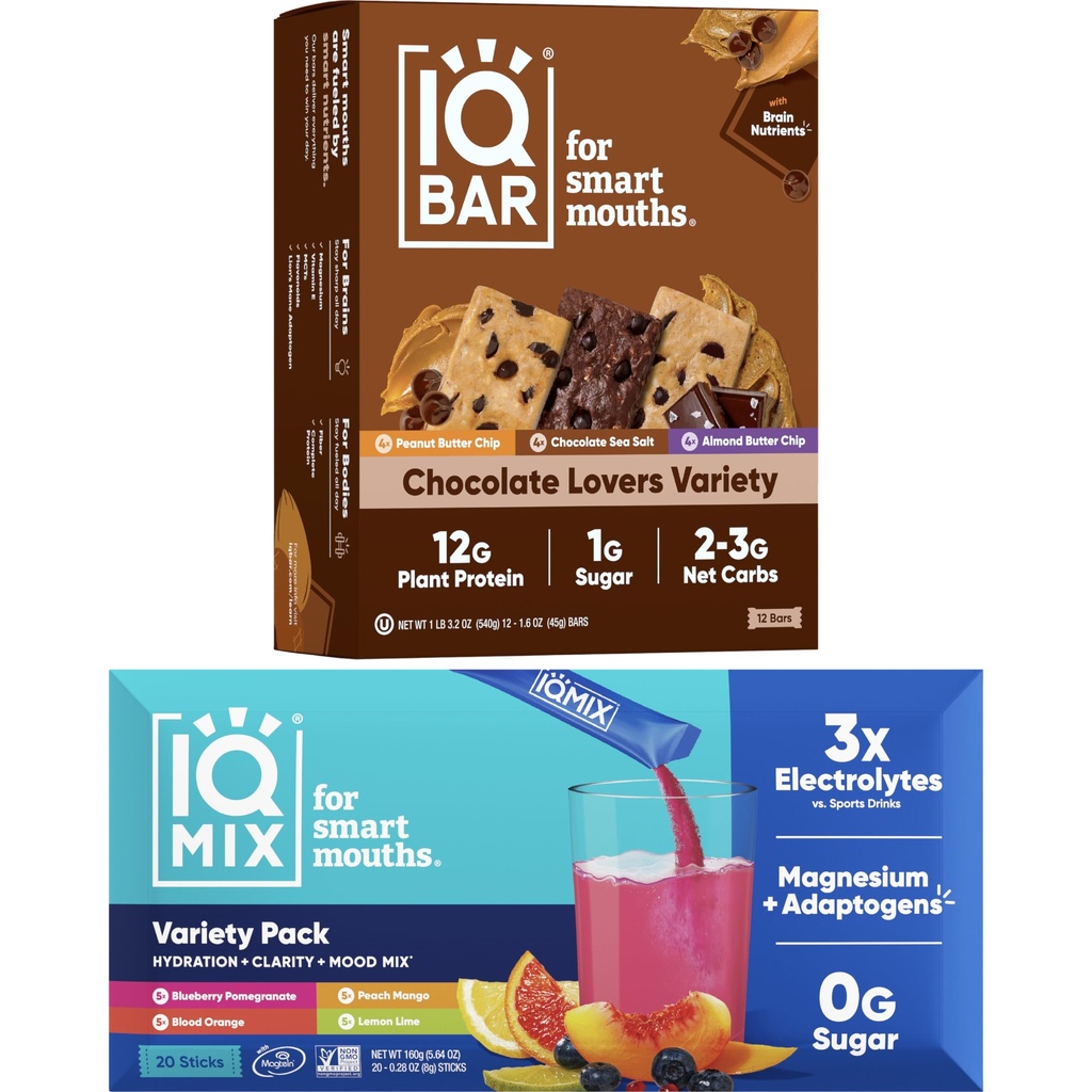 IQBAR Brain und Body Keto Protein Bars - 12 Count Chocolate Lovers Variety Low Carb, Vegan Bars & IQMIX Sugar Free Electrolyte Powder Packets - 20 Count Variety Pack Keto Elektrolyte mit Lions Mane