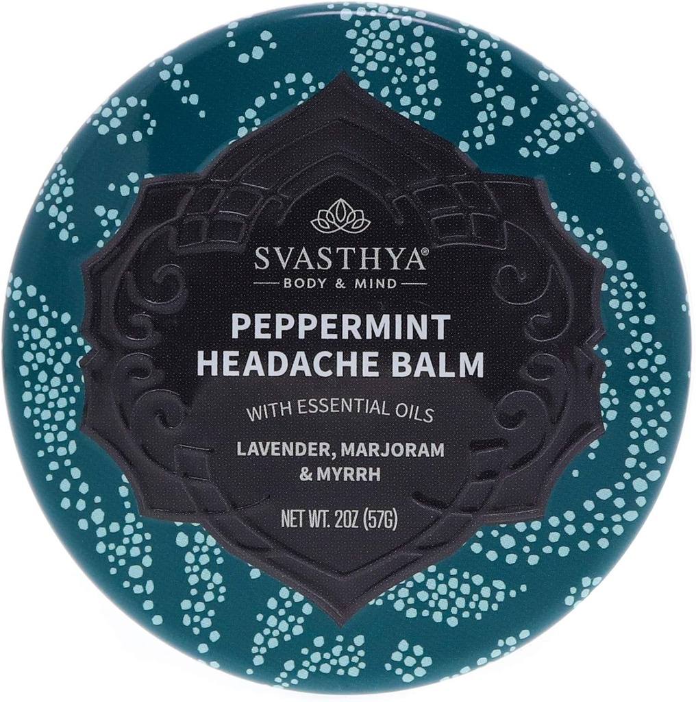 Svasthya Body & Mind Peppermint Headache Balm by Svasthya - Instant & Lasting Sinus, Migraine & Stress Headache Relief, Has Peppermint, Lavanda, Marjoram, Myrrh - 100% Natural, Made in the USA, 2 oz