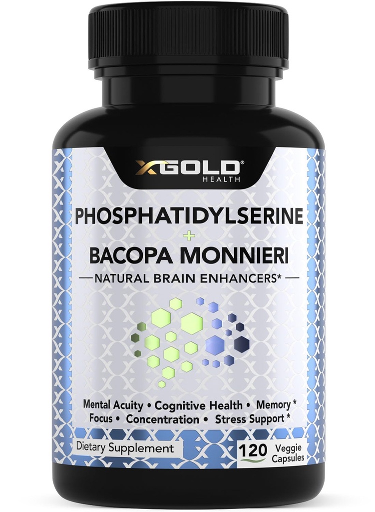 PhosphatidylSerine & Bacopa Monnieri 800 mg 2 en 1 Supplément - Enhancer naturel du cerveau/Nootrope pour une concentration accrue, un soutien mémoire et une fonction cognitive - 120 capsules végétariennes