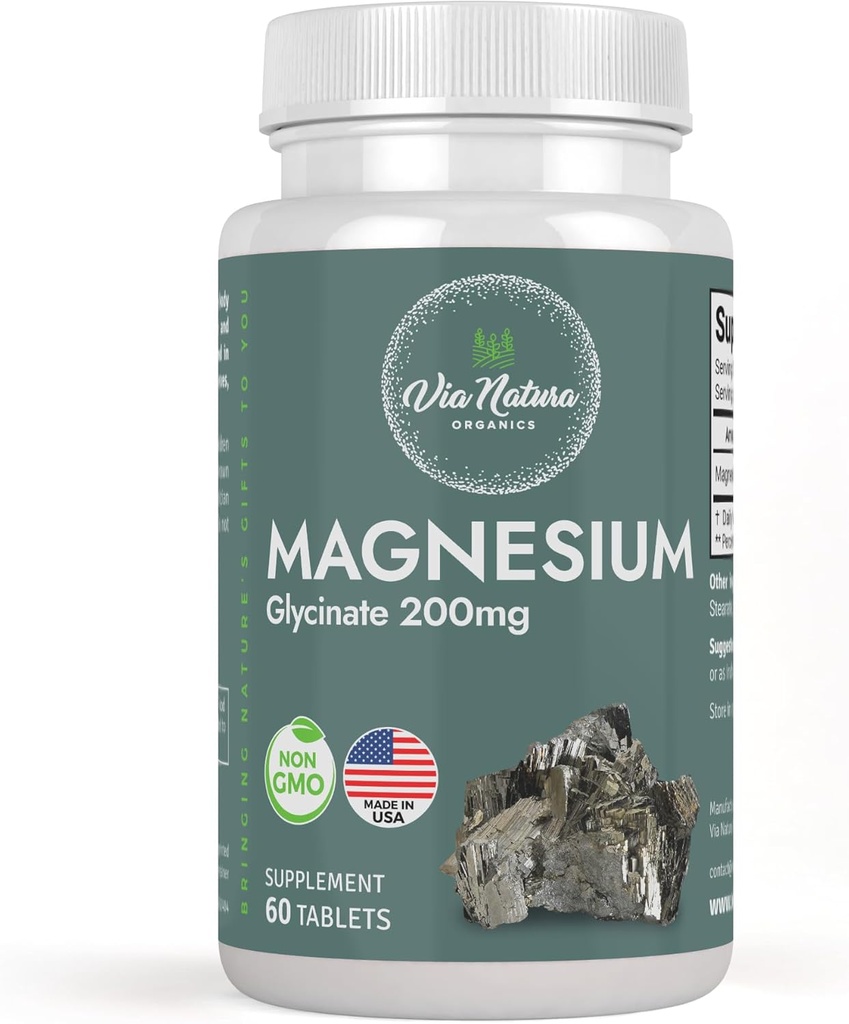 Magnésium Glycinate 200 mg , sans gluten , sans OGM 60 Tableaux par Via Natura Organics