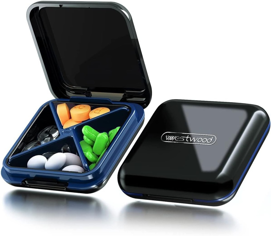 Schwarz 4-Kommentar wasserdichte Pille Box Organizer - Reisen tragbare Medizin Box, BPA Kostenlose Pille Behälter für Vitamine, Fischöle, Nahrungsergänzungsmittel