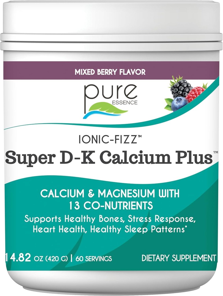 Ionic Fizz Super D-K Calcium Plus di Pura Essence - con Magnesio Extra, Vitamina D3, Vitamina K2 per Forte Bones e Supporto Stress - Bacca Mista - 14.82oz