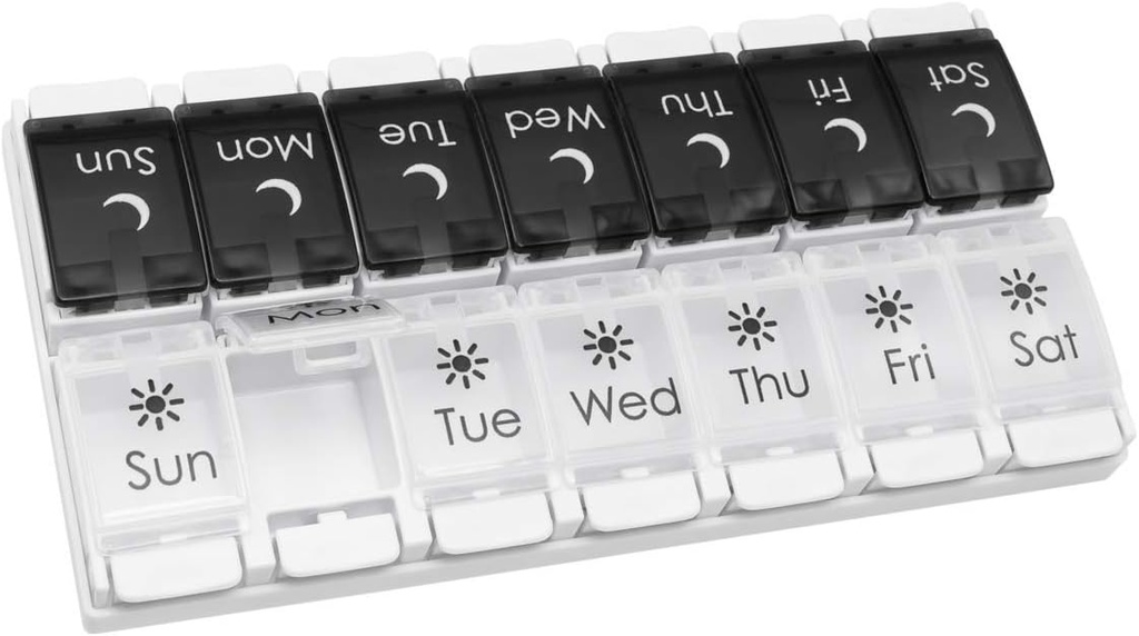 EZY DOSE Pulsante di spinta (7-giorno) Caso di pillola, Medicina Planner, Vitamin Organizer, 2 volte al giorno AM/PM, vassoi rimovibili, grandi scomparti, Artrite Friendly, Primavera aperto nero e bianco coperchi, BPA Free