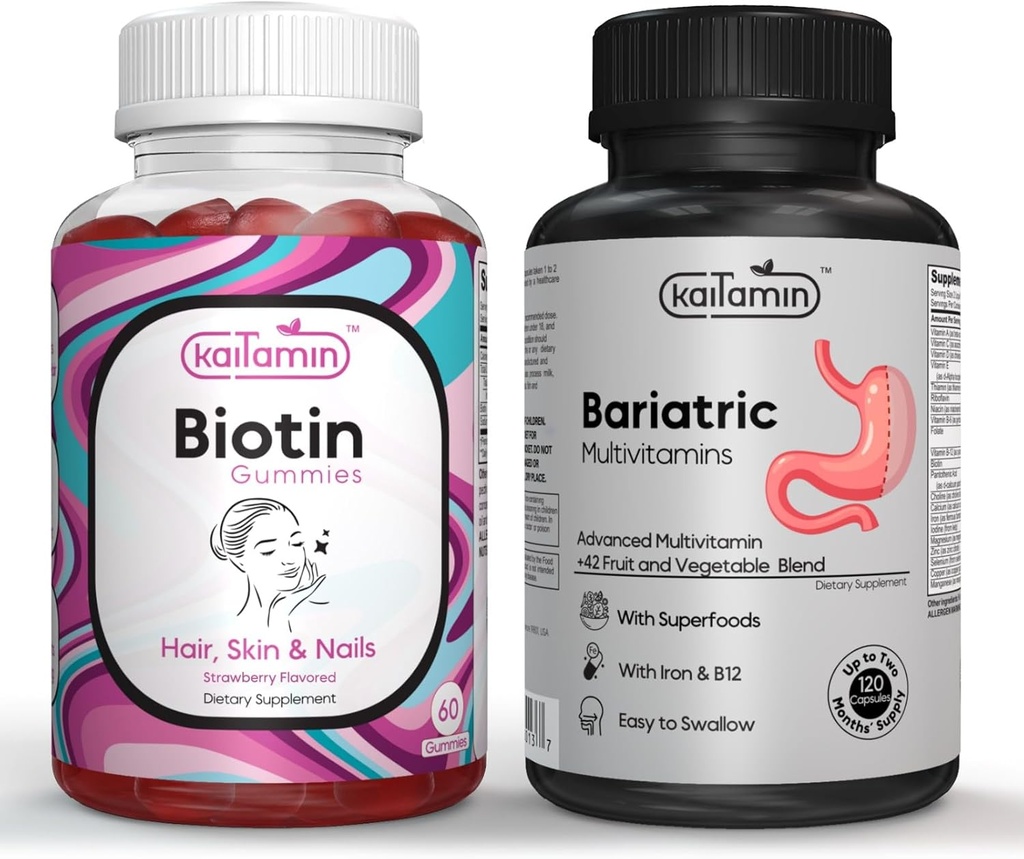 Multivitaminico Bariatrico con Ferro per Chirurgia Post-Bariatrica + Biotina Vitamina B7 Gummies 5000 mcg per Serve - con Olio di Mirtillo e Cocco (Bundle)