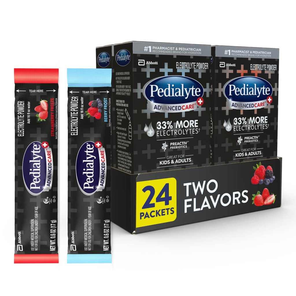 Pedialyte AdvancedCare Plus Elektrolytpulver, hat 33% mehr Elektrolyte und PreActiv Prebiotics, Variety Pack: Berry Frost und Erdbeer Freeze, 24 Pulver-Packets
