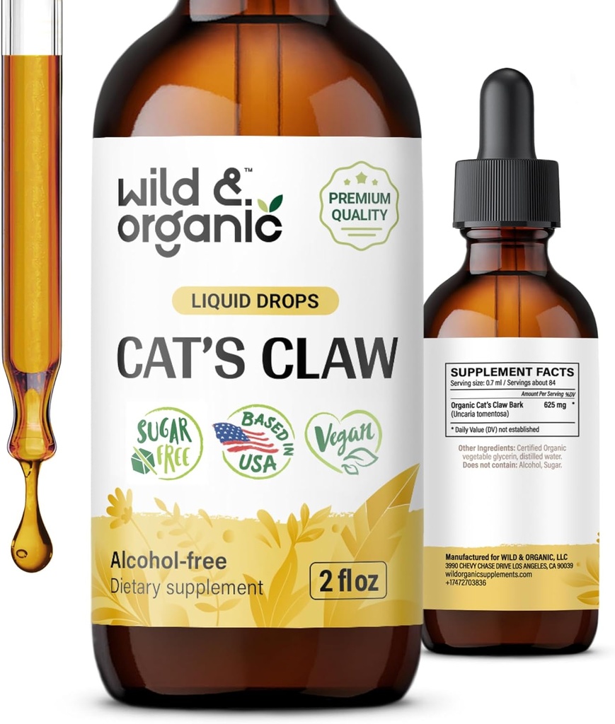 Wild & Organic Cats Claw Tincture - Integratore di supporto Immune - Integratore di artiglio di Gatti Liquidi - Vegan, Zucchero & Alcol-Free Bark Extract Drops - 2 fl oz