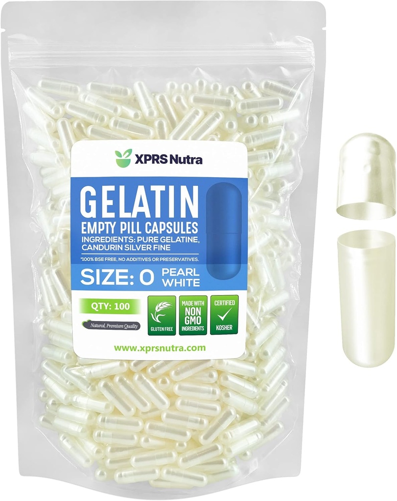 XPRS Nutra Size 0 Capsule Vuote - 500 Conte Empty Gelatin Capsule - Pillole DIY Capsule Filling - Pure Bovine Pill Gel Caps per Do-It-Yourself Supplements (Pearl White)