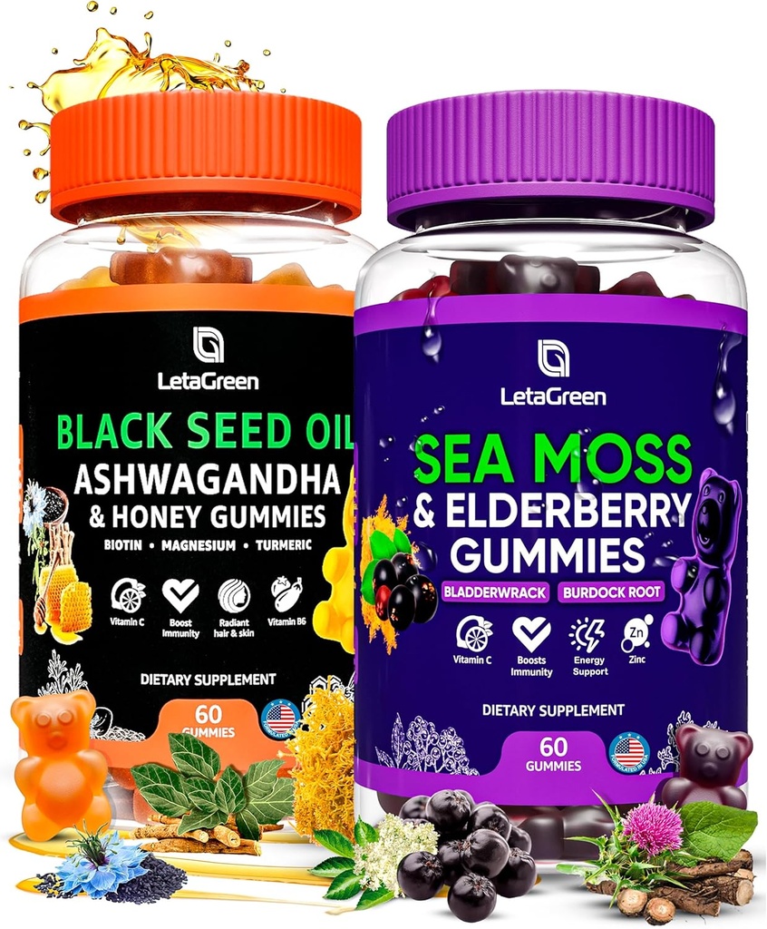 Mousse de mer irlandaise et huile de graines noires Gummies Bundle – 120 Gummies Vegan Bears - Elderberry pour les enfants et les adultes - Nigella Sativa avec Ashwagandha & Honey