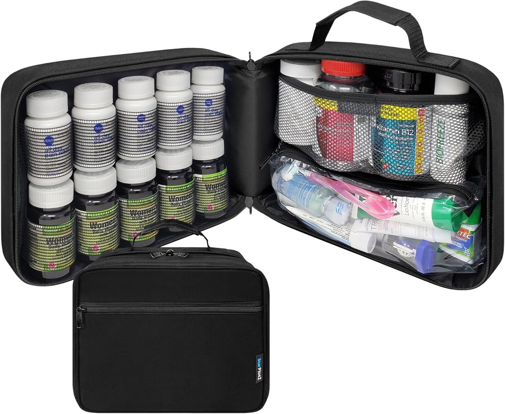 Große Pillen Flasche Organizer, Medizin Tasche, Träger für Medikamente, Vitamine und medizinische Versorgung - Reisemedizin Organizer und Aufbewahrung Med Tasche mit elastischen Bändern - Schwarz (ohne Schloss)