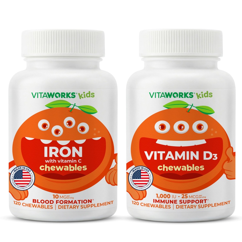 Enfants Fer 10mg + Vitamine C Chewables + Vitamine D3 1000 UI Chewables Bundle