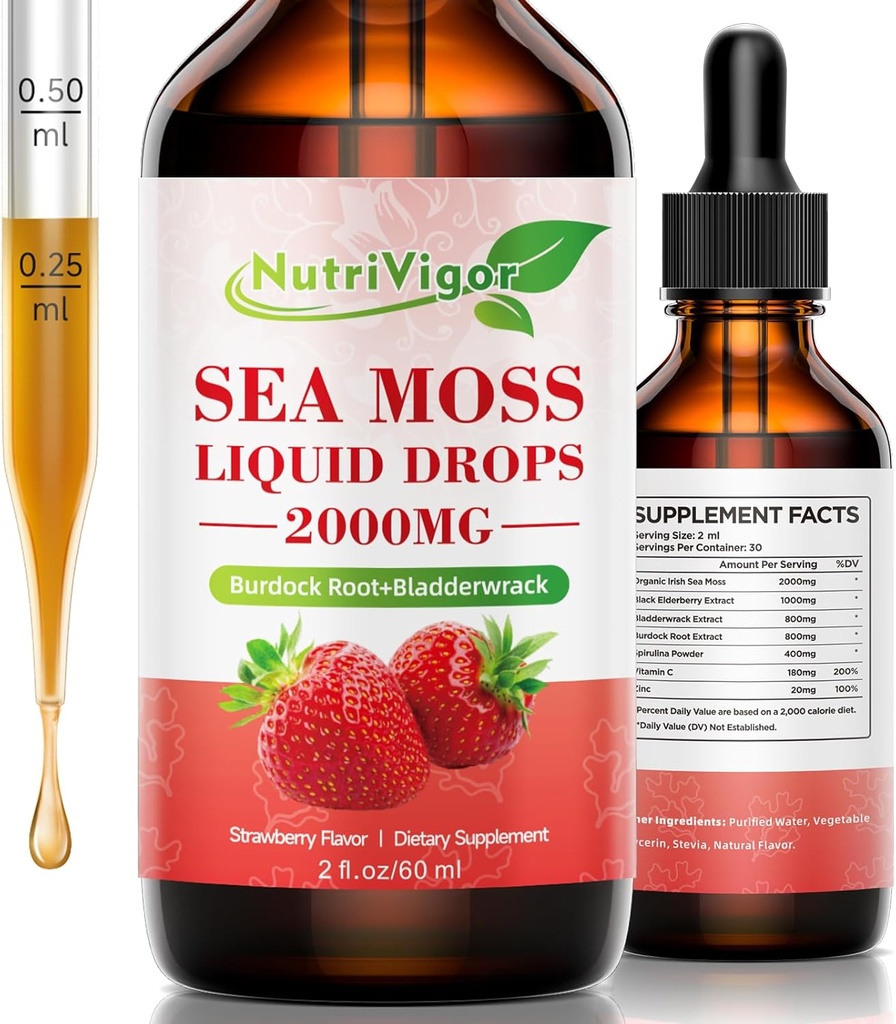 Gouttes liquides de mousse de mer - Supplément de mousse de mer d'Irlande de 2000mg avec racine de dard & bradderwrack, Seamoss Qrganic cru pour l'immunité, digestif, joint et thyroïde, fraise, 2 Fl. Oz/60 ml