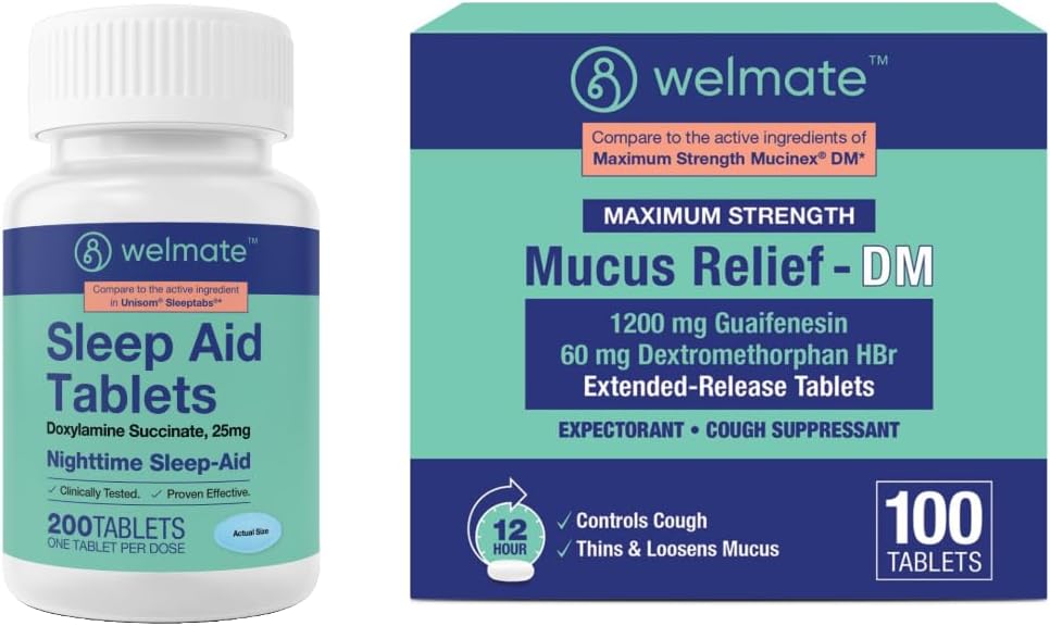 WELMATE Cold & Flu Nighttime Relief Bundle: Mucus Relief DM 1200mg Guaifenesin & 60mg DXM (100 Ct) für Cough & Congestion Relief + Doxylamine Succinate 25mg Schlafhilfe (200 Tabletten)