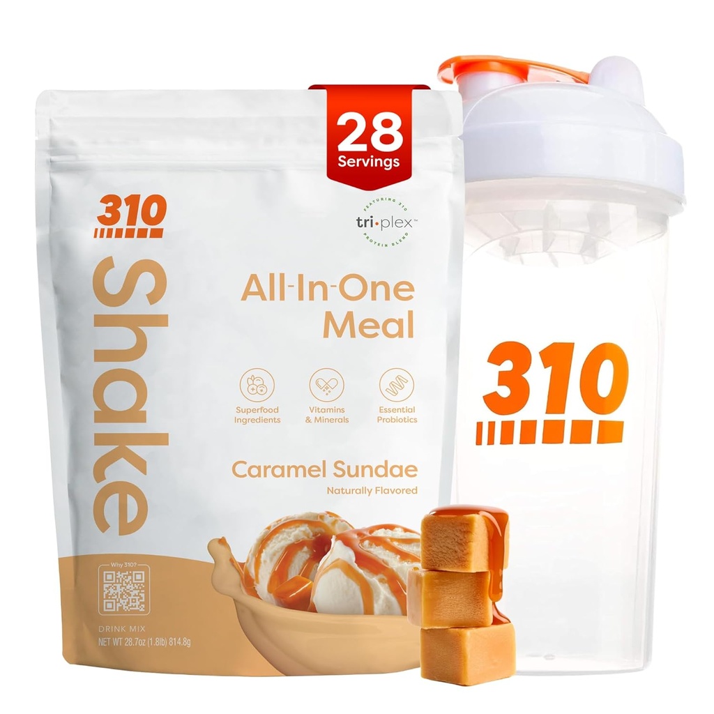 310 Nutrition All-in-One Meal Sostituzione Shake Polvere w/Shaker Cup Starter Kit - Alta fibra proteica Ricco Vegan Superfood Blend - Sugar-Free, Keto & Paleo Friendly, Carb basso - Caramel Sundae 28 srv